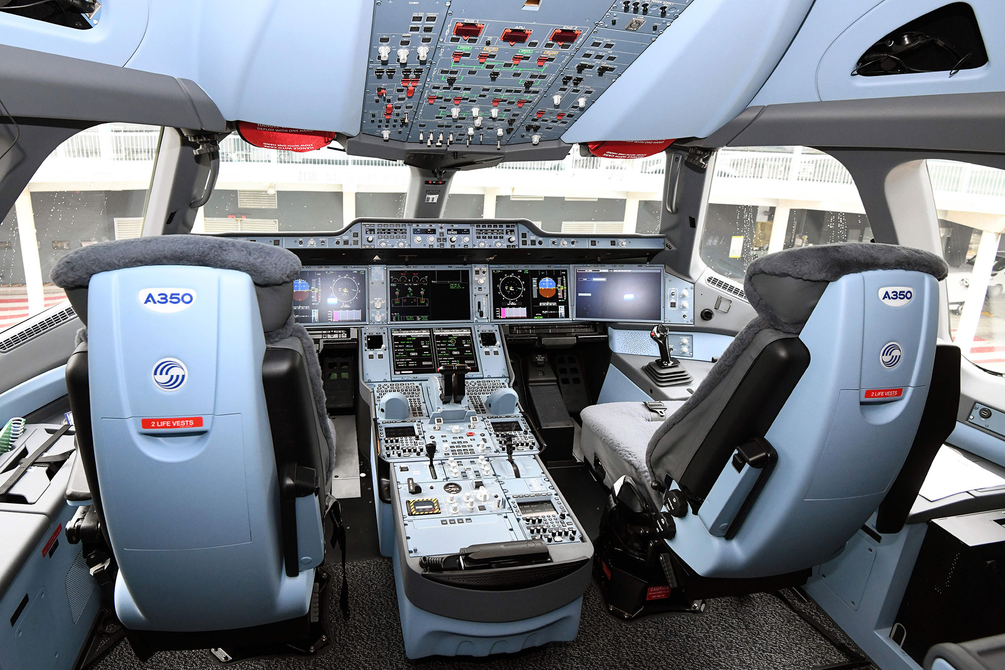 This picture taken on November 15, 2019, show a view of the cockpit of the first Fiji Airways's Airbus A350 XWB 900 aircraft during its delivery ceremony at the Airbus delivery center in Colomiers, southwestern France. (Photo by PASCAL PAVANI / AFP) (Photo by PASCAL PAVANI/AFP via Getty Images)